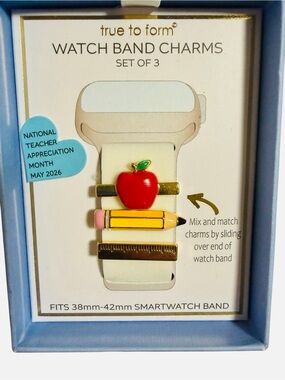 Teacher-Themed Smartwatch Band Charms Set - Red Apple & Yellow Pencil w/Gift Box